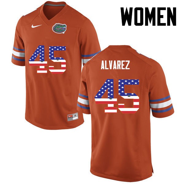Florida Gators Women #45 Carlos Alvarez College Football USA Flag Fashion Orange